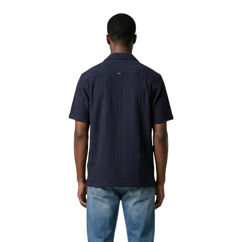 Navy blue short-sleeved button-up shirt with subtle vertical ribbed texture by Antony Morato for men