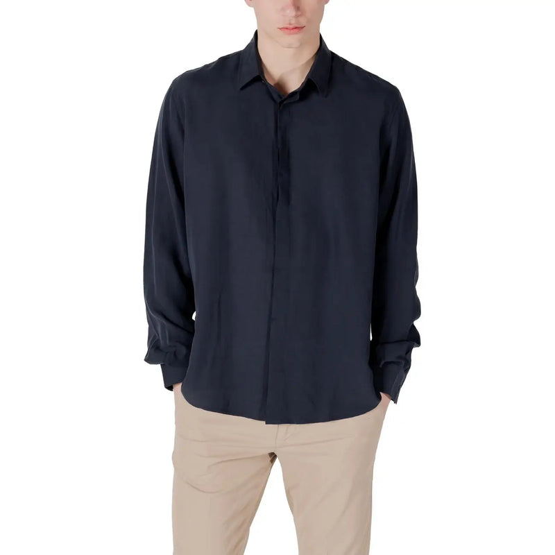 Antony Morato men shirt featuring a sleek dark navy long-sleeved button-up design with classic collar and rolled cuffs