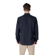 Antony Morato men shirt in navy blue with long sleeves, stand-up collar, and subtle side seam detailing
