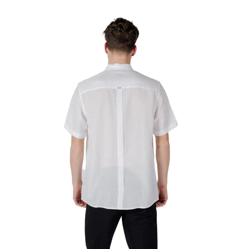 White short-sleeved button-up shirt by antony morato showing back side with subtle vertical seam detail