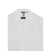 White cotton button-down men shirt with two front pockets and collar featuring antony morato brand label inside