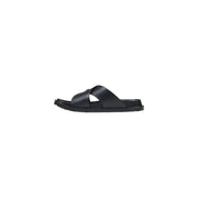 Antony Morato Herren-Slipper Kry, schwarze offene Zehensandale aus schwarzem Leder mit minimalistischem Design und profilierter Gummisohle