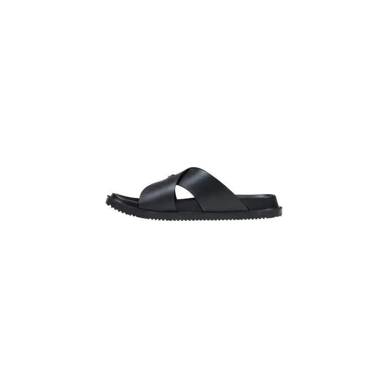Antony Morato Herren-Slipper Kry, schwarze offene Zehensandale aus schwarzem Leder mit minimalistischem Design und profilierter Gummisohle