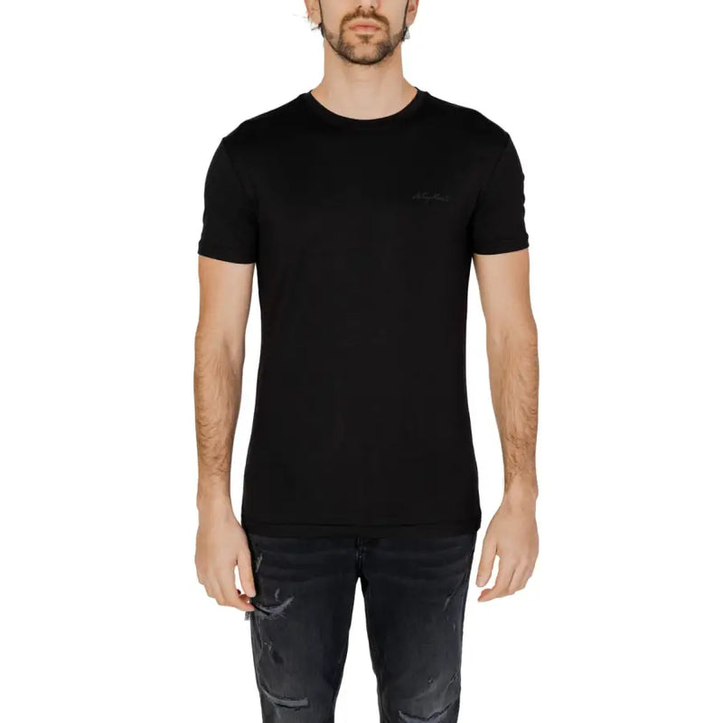 Antony Morato Männer t-shirt Schwarzer Rundhalspullover mit dezentem, gesticktem Logo auf der linken Brust – perfekt für die Freizeit.