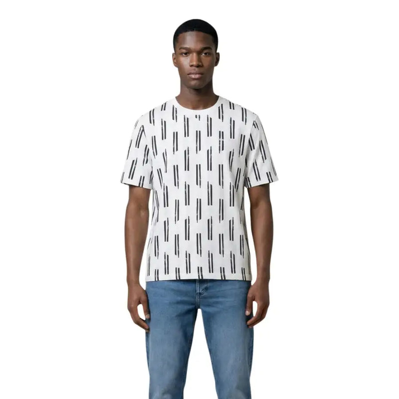 Antony Morato men t-shirt white short-sleeved cotton with black vertical stripe pattern front view