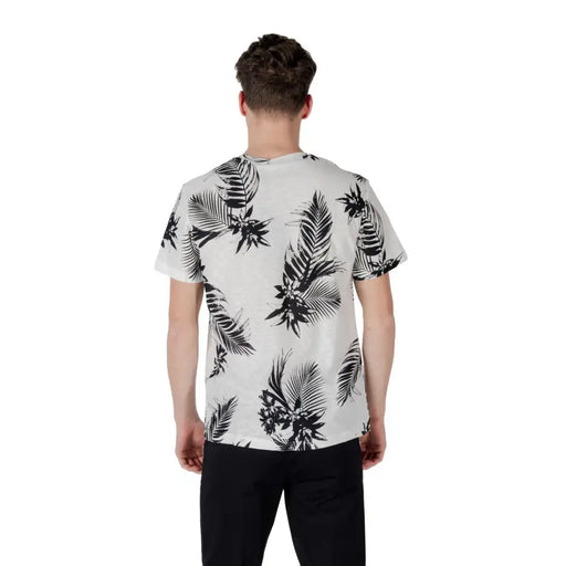 Antony Morato men white short-sleeved t-shirt with bold black tropical leaf and flower print on front