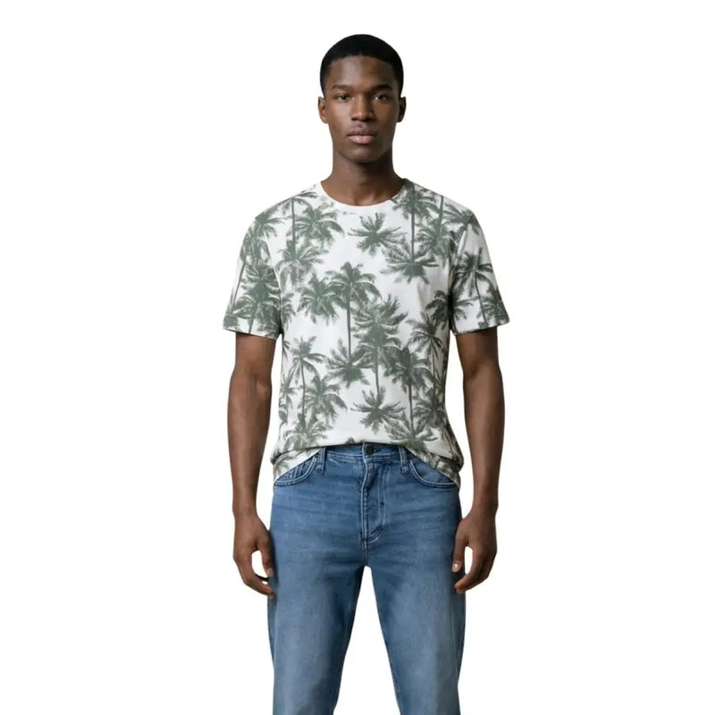 Antony Morato Männer t-shirt aus weißer Baumwolle mit einem grünen Palmenmuster auf der Vorderseite