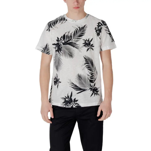 Antony Morato men t-shirt in white with black tropical leaf and flower print made from soft cotton fabric