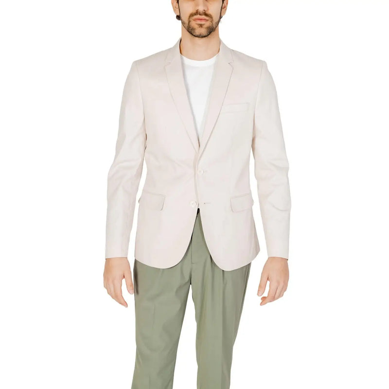 Antony Morato men white cotton modal blazer in light beige single-breasted tailored fit with two flap pockets