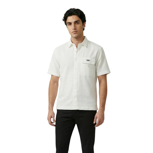 Antony Morato men shirt in white short-sleeved textured fabric with a small chest pocket and dark logo