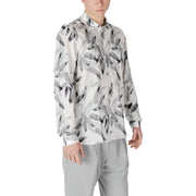 Men’s white long-sleeve button-up shirt with gray leaf floral pattern by Antony Morato