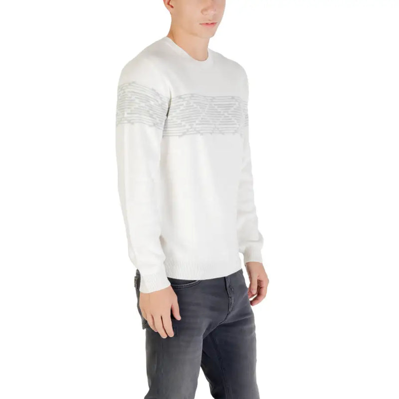Antony Morato white knit sweater with subtle gray geometric pattern on chest and sleeves in round neck design