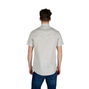 Armani exchange beige geometric short sleeve men shirt in light gray with subtle textured weave and button-up front