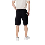 Back side of armani exchange black cotton blend athletic shorts with drawstring waistband and subtle logo on pocket