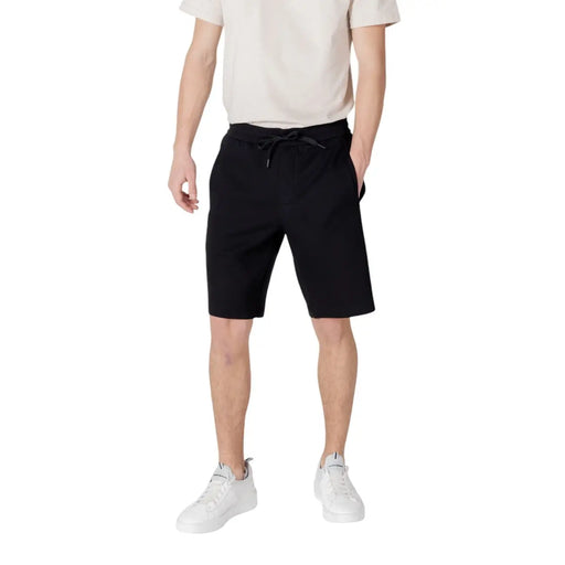 Armani exchange black cotton blend drawstring shorts with relaxed fit and side pockets for everyday wear