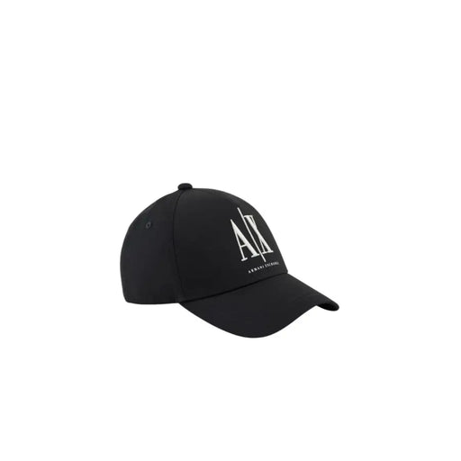 Black baseball cap with white logo and adjustable strap.