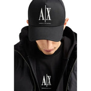 Armani Exchange black cotton baseball cap for men with white a x logo and brand name embroidered on front