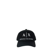 Black armani exchange baseball cap with white logo and strap.