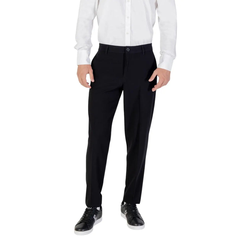 Armani Exchange black fall winter tailored trousers with sleek straight-leg cut, subtle pleats, zip and button pockets