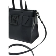 Armani Exchange black faux leather tote bag with embossed logo plaque and adjustable shoulder strap