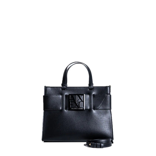 Armani Exchange black faux leather handbag with structured design and prominent rectangular logo plaque with shoulder strap
