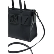 Armani Exchange black faux leather tote bag with embossed logo plaque and adjustable shoulder strap