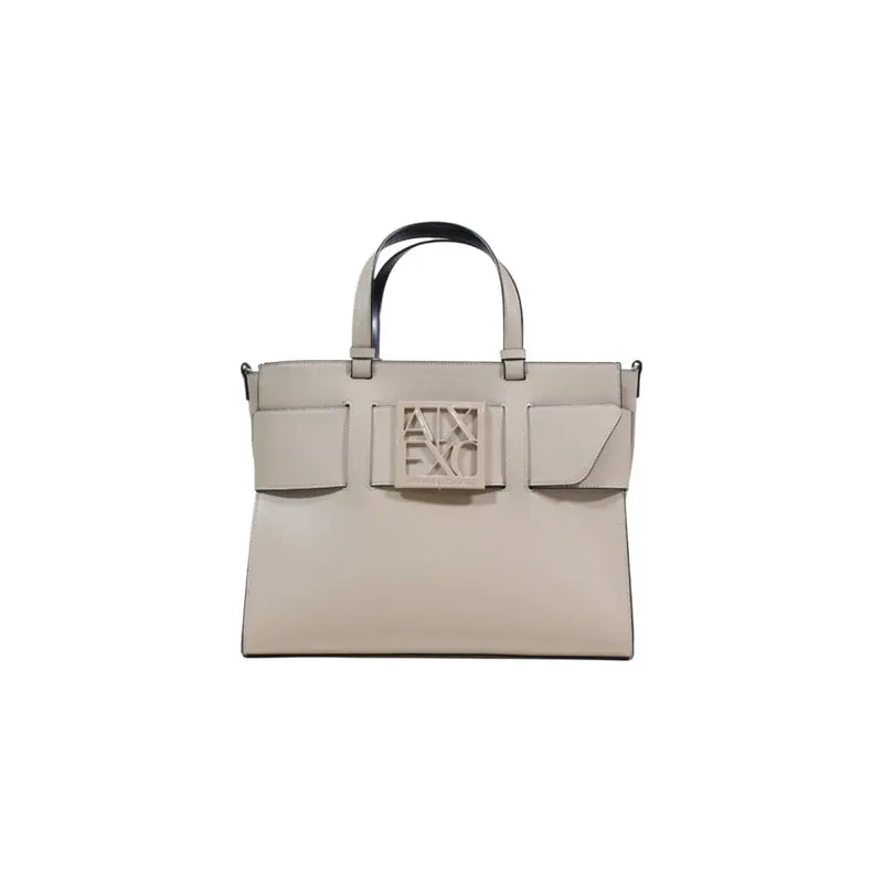 Armani Exchange Beige Lederhandtasche mit schwarzen Henkeln und Logo-Plakette