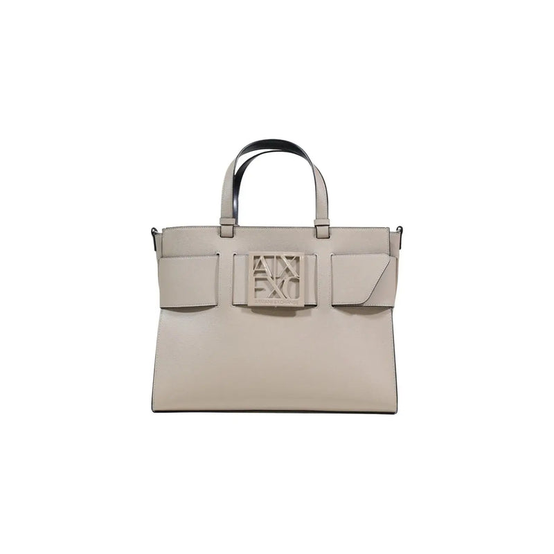 Armani Exchange beige leather handbag with black handles and logo plaque