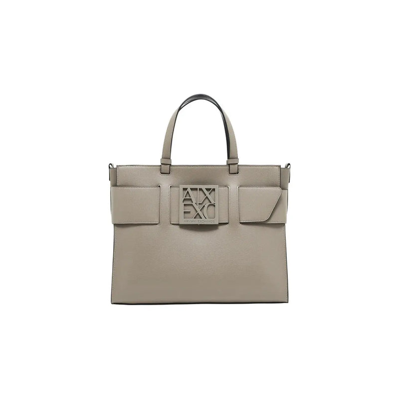 Armani Exchange taupe leather tote with metallic logo plaque