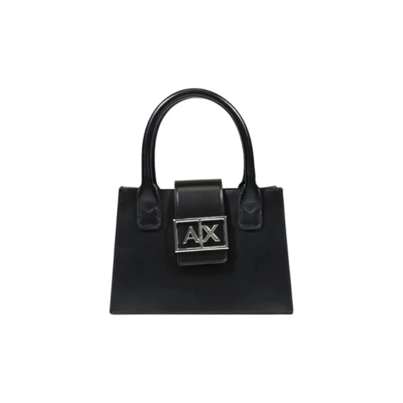 Armani Exchange Schwarze Lederhandtasche mit silbernem AX-Logo-Verschluss und Schulterriemen