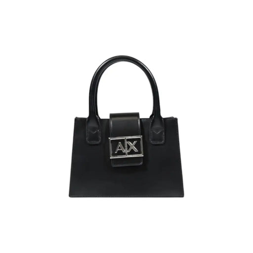 Armani Exchange Schwarze Lederhandtasche mit silbernem AX-Logo-Verschluss und Schulterriemen