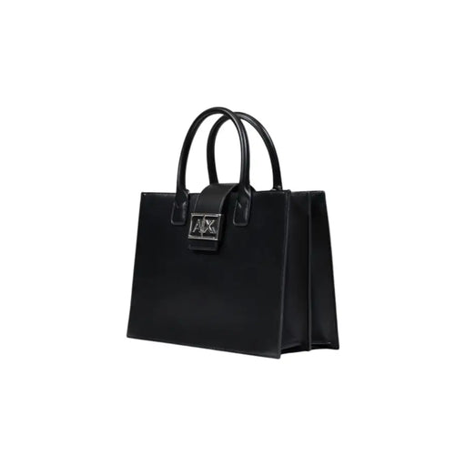 Armani Exchange black leather tote bag with structured design silver-tone logo clasp and shoulder strap