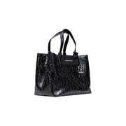 Armani Exchange black leather tote bag with embossed lettering and silver tone logo clasp with shoulder strap
