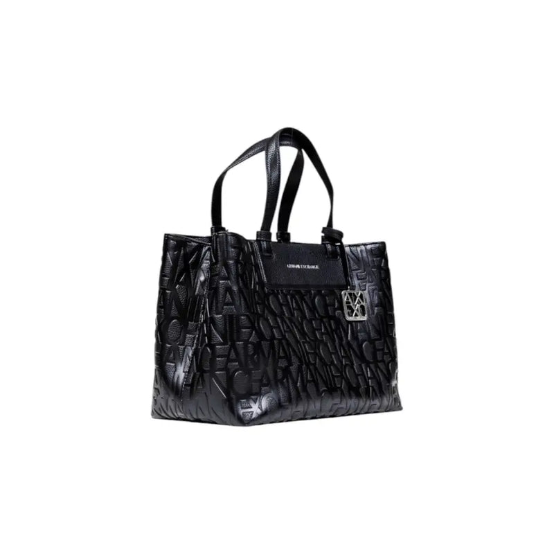 Armani Exchange black leather tote bag with embossed lettering and silver tone logo clasp with shoulder strap