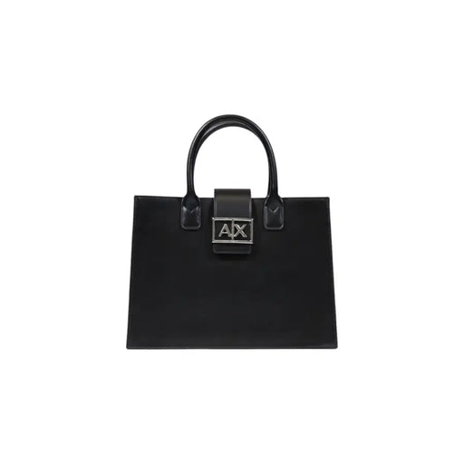 Armani Exchange black leather handbag with silver ax logo plaque and curved top handles with shoulder strap