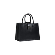 Armani Exchange black leather handbag with shoulder strap and silver AX logo plaque on the front