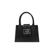 Armani Exchange black leather handbag with shoulder strap featuring a silver ax logo clasp on the front side