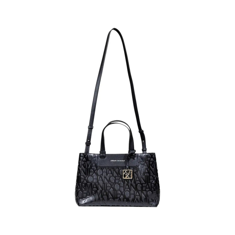 Armani Exchange black leather handbag with embossed exchange logo pattern and gold-tone hardware shoulder strap