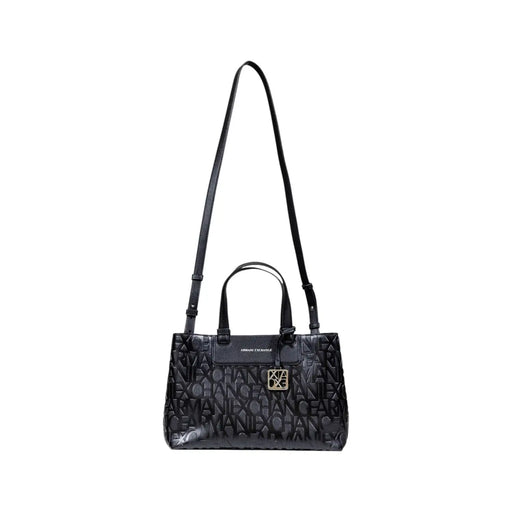 Armani Exchange black leather handbag with embossed exchange logo pattern and gold-tone hardware shoulder strap