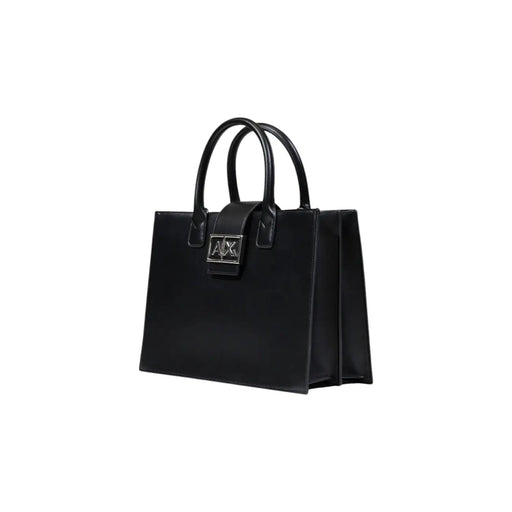 Armani Exchange black leather tote bag with structured design silver-tone logo clasp and shoulder strap