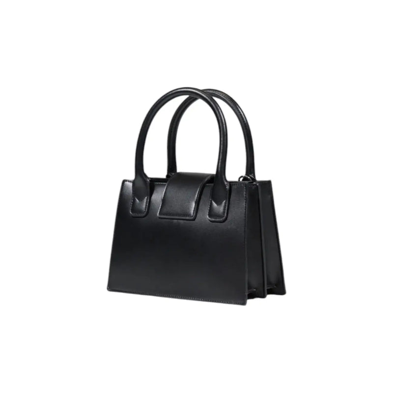 Armani Exchange black leather mini handbag with structured rectangular shape and dual top handles with shoulder strap