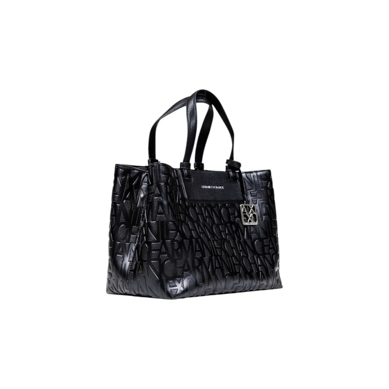 Armani Exchange black leather tote bag with embossed lettering and silver tone logo clasp with shoulder strap