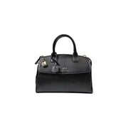Armani Exchange black leather satchel handbag with top handle shoulder strap and gold-tone lock detail