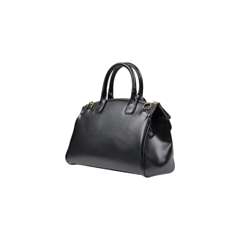 Armani Exchange black leather satchel handbag with gold-tone hardware and structured rounded handles and shoulder strap
