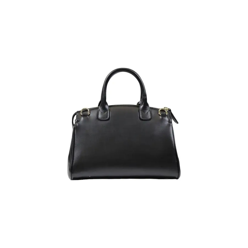 Armani Exchange black leather satchel handbag with rounded top handles gold tone hardware and shoulder strap