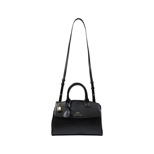 Armani Exchange Schwarze Lederhandtasche mit goldfarbenem Schloss, Anhänger und Schulterriemen