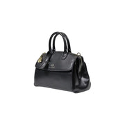 Armani Exchange black leather handbag with gold-tone hardware, front flap closure, shoulder strap, and zip detail