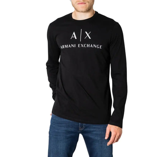 Men’s black long sleeve cotton T-shirt with white AX ARMANI EXCHANGE logo