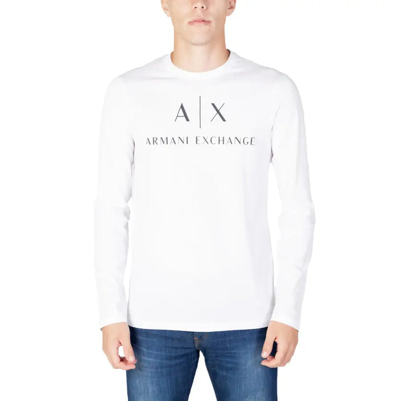 Men’s white long-sleeve T-shirt with AX ARMANI EXCHANGE logo displayed on a product page