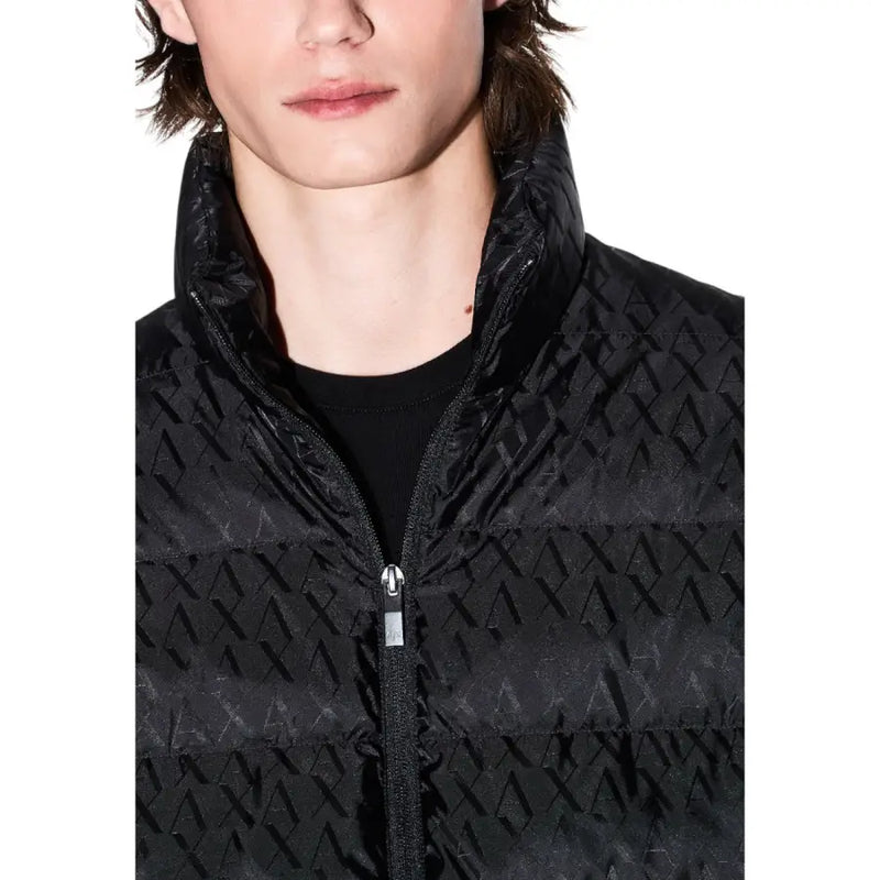 Armani Exchange black polyamide turtleneck jacket for men with quilted geometric pattern and high collar